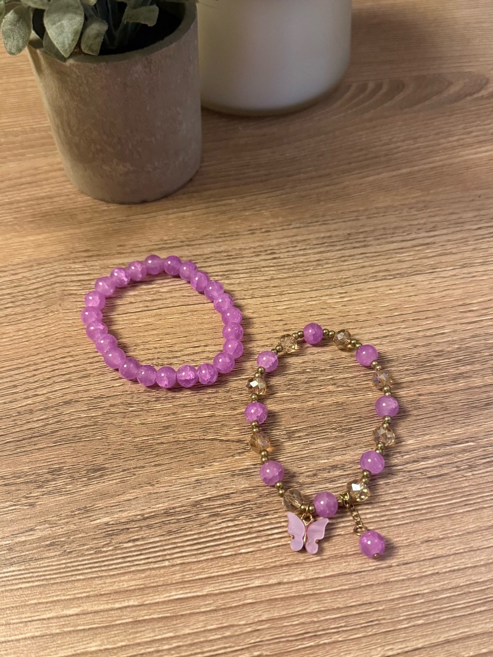 Purple Beaded Bracelet Set with Butterfly Charm